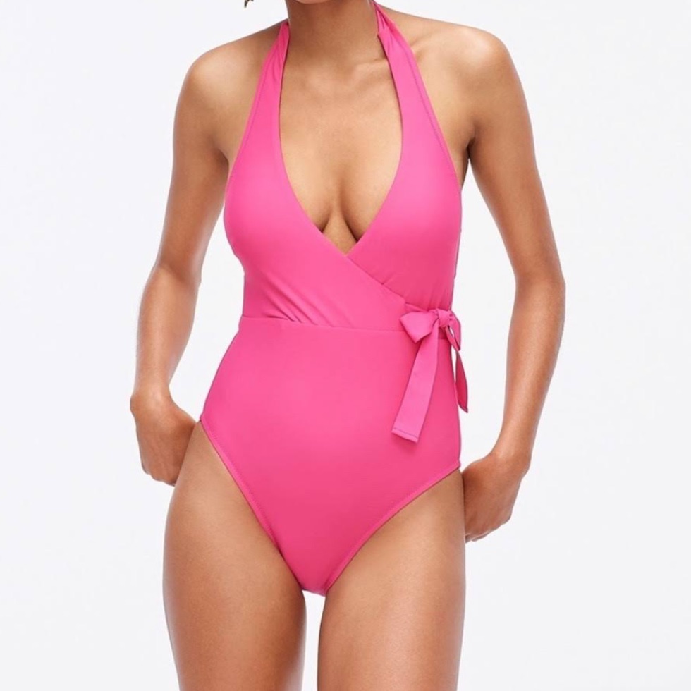J. Crew Swim Halter Wrap One-Piece Swimsuit Pink Barbiecore One Piece Beach Sz 6